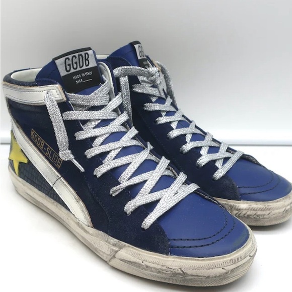 GOLDEN GOOSE SLIDE HIGH TOP SNEAKERS NAVY SUEDE & CROC-EMBOSSED LEATHER - Picture 1 of 3